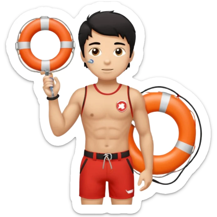 Tan Muscular lifeguard teen boy with rescue buoy and whistle messy black hair sticker