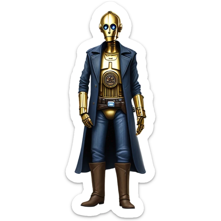 tarnished undercover tough well-equipped Jedi  life-sized darkblue-pearl C3po leather clothing pants and vest old west duster coat holding light saber sheriff sticker