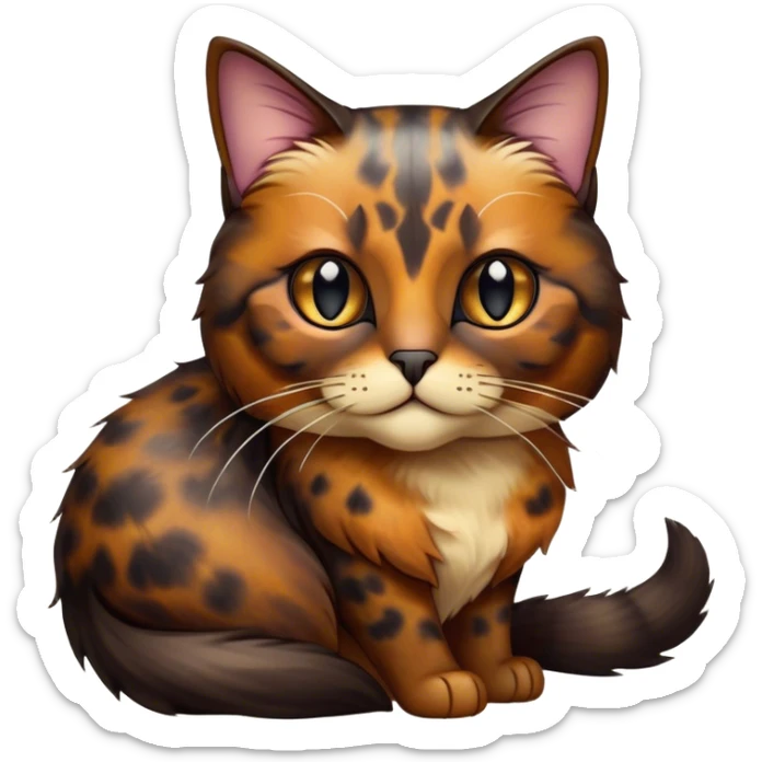 Cinematic Noble Tortoiseshell Cat Portrait Emoji, Poised and dignified, showcasing a luxurious, mottled fur of rich browns and blacks, with elegantly arched whiskers and a determined yet gentle expression, simplified yet meticulously detailed, glowing with a subtle, regal radiance, high shine, embodying quiet nobility and refined charm, soft glowing outline, capturing the essence of a sophisticated tortoiseshell cat exuding quiet authority! sticker