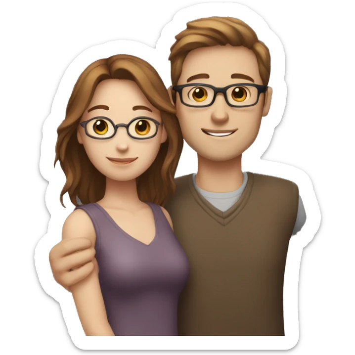Two people hugging, the woman has white skin and brown hair, and the man has white skin, wears glasses, and has brown hair sticker