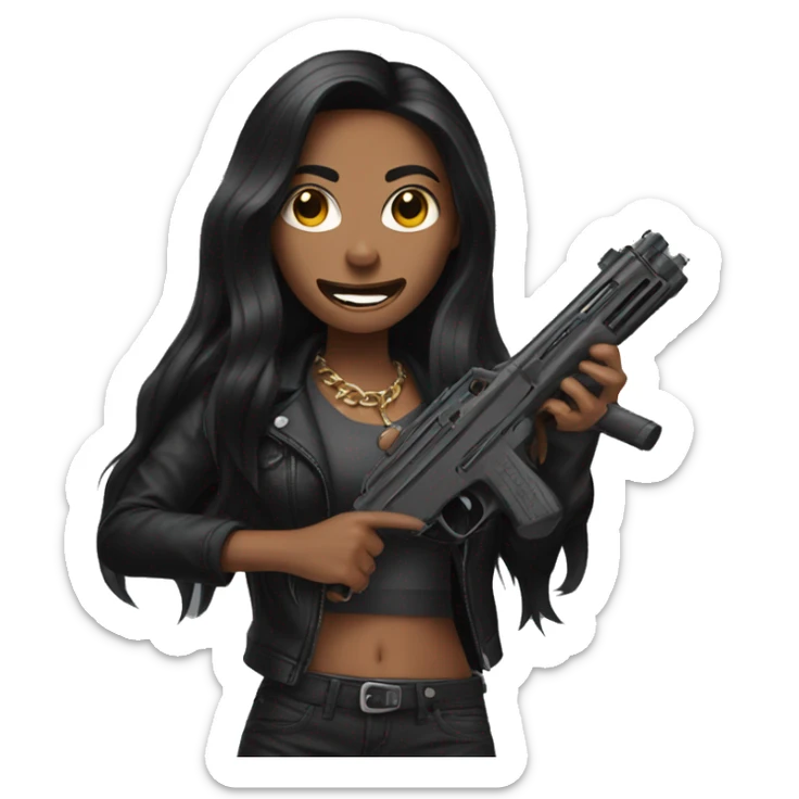 woman with long black hair and grillz holding 2 guns sticker