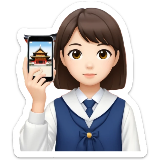 Japanese high school girl taking photos at Kyoto temple during school trip sticker