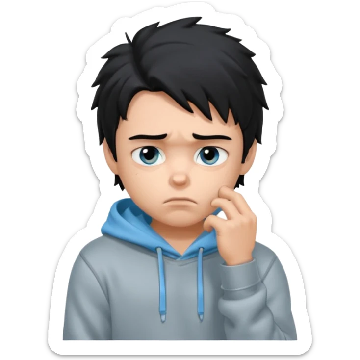 generate a pretty bratz fair skinned boy with messy black hair in a grey hoodie looking sad and bored with hand on chin. Make him muscled sticker