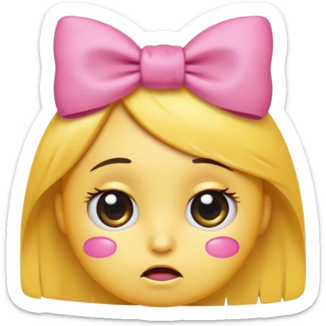 A round yellow emoji with a pleading face, big shiny eyes filled with tears, eyebrows raised toward the center, and a small sad mouth. On the upper right side of the head, a cute pink bow 🎀 is attached like a hair accessory. sticker