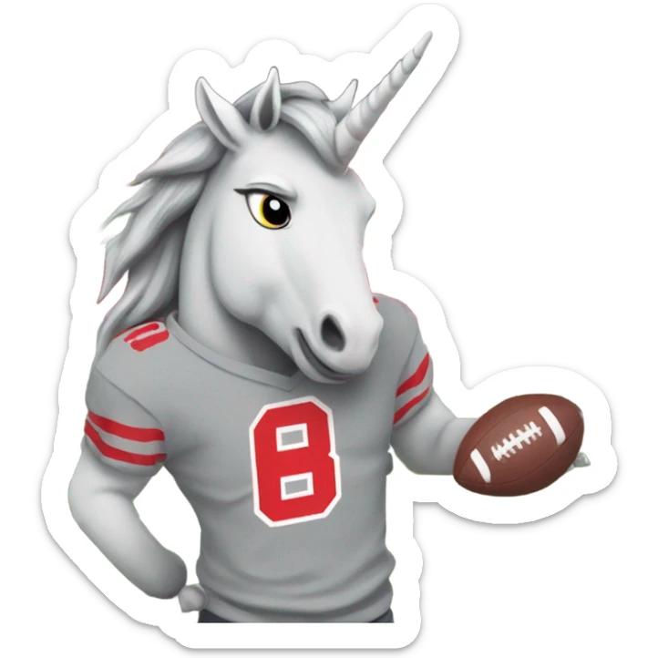 Grey happy Unicorn wearing buckeye shirt on a football field, wearing OSU state university shirt sticker