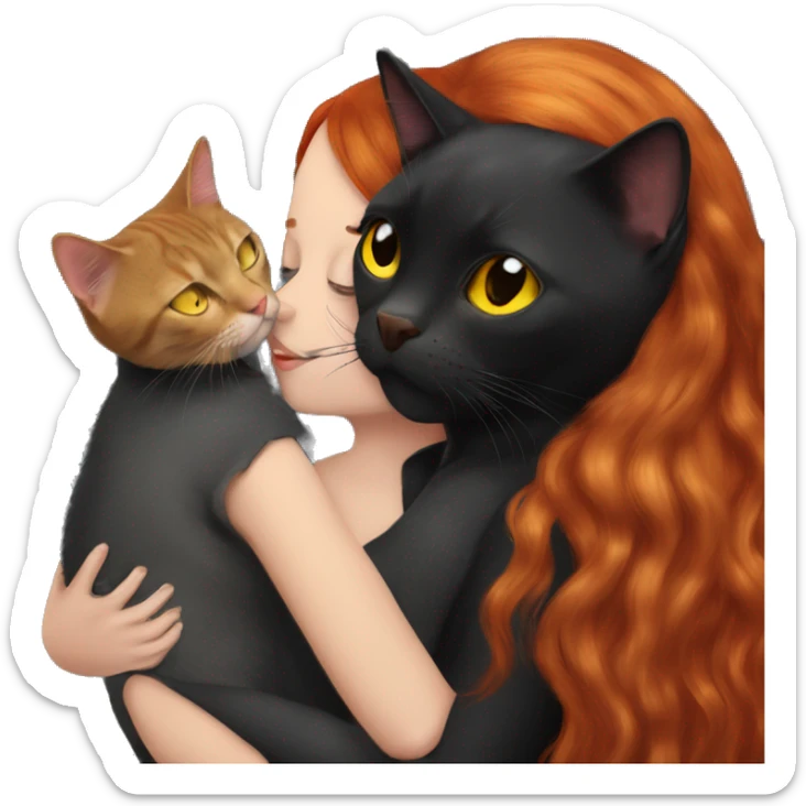 A black British cat with yellow eyes kisses a girl with red hair sticker