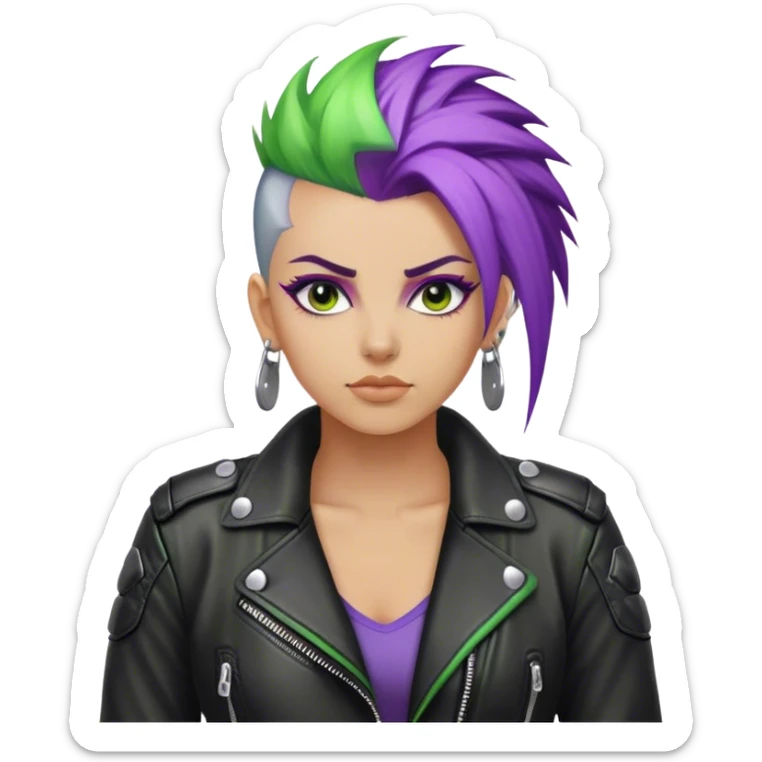 3D, create an image of an ultra detailed biker girl with a purple and green Mohawk wearing a black leather jacket with silver buttons sticker