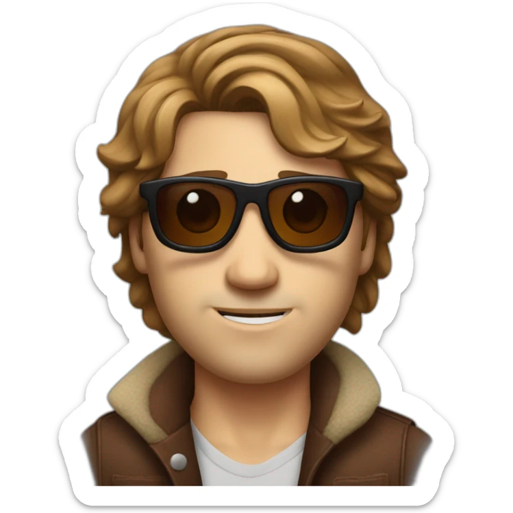 white men with a mole on the cheek, brown messy hair semi-long, wearing big sunglasses and red bandana sticker