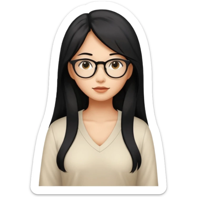 medium tan asian woman with long black hair past middle of back, round brown eyes, white v neck blouse. she has black thick frame glasses on. sticker