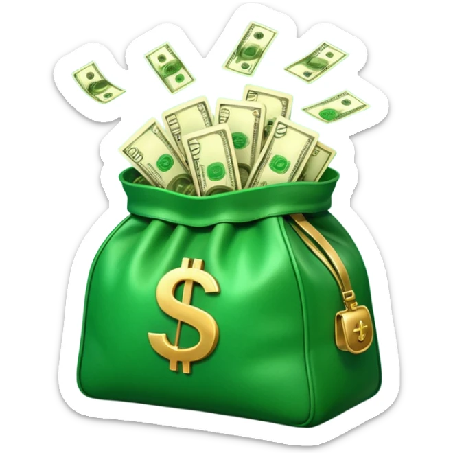 

3D emoji style, big bag of money, flying dollar bills, rich casino vibe, smooth lighting, high detail, clean edges, transparent background



 sticker