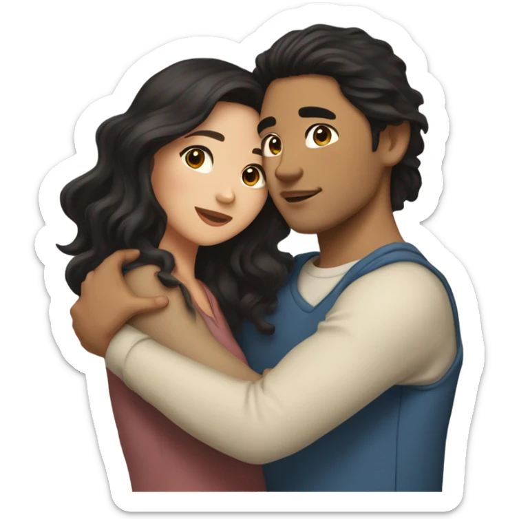 They are holding each other very tightly. A pale Asian man with short dark hair and amber eyes embracing and loving a half Asian woman with long wavy dark hair and dark hazel eyes. They love each other a lot And have good fashion taste. sticker