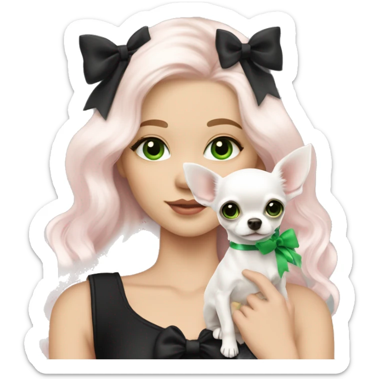 pale blonde girl with long platinum white wavy hair with bright green eyes and wearing a light pink hair bow holding a black and white long haired chihuahua puppy also wearing a hair bow sticker