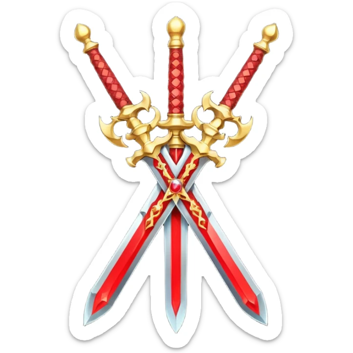 Two crossed swords that are golden in blade and handle and have fiery and royal appearence to them as well as red gem stones sticker