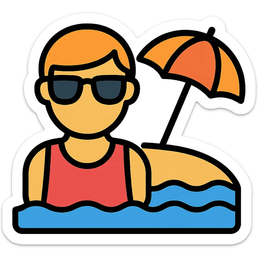 persona en una playa con gafas de sol, icono colorido con contornos negros, estilo moderno sticker