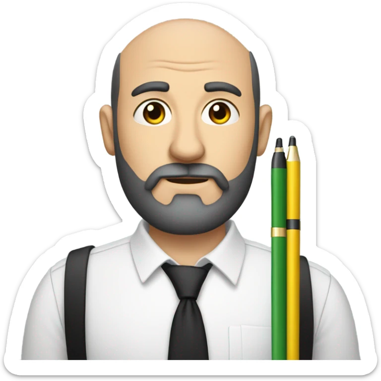 Balding man with black beard, cross on shirt, holding lots of pens  sticker