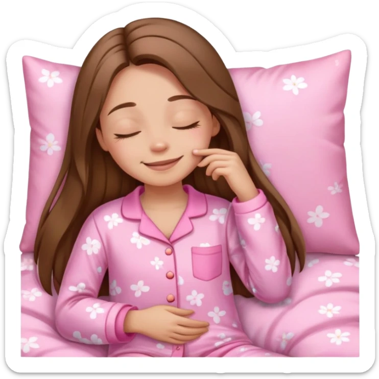 The brown long hair girl going to sleep in pink pajama with smile and closed eyes sticker