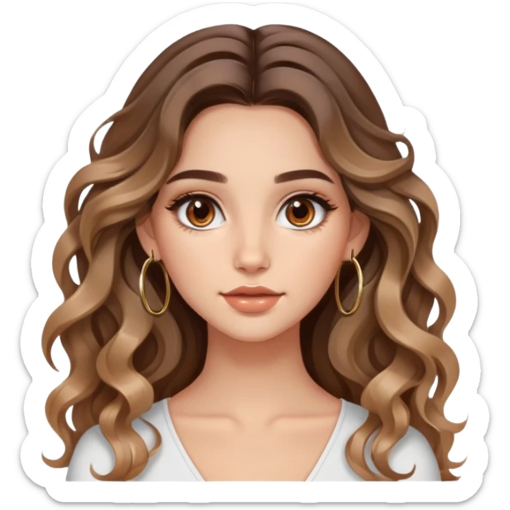 cute long haired wavy balayage haired girl, brown eyes, hoop earrings, clean natural girl makeup with gloss sticker