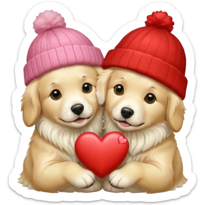 2 English cream golden retrievers cuddling with winter hats and heart in between them. Make them pale dogs . Less cartoon and no hands holding heart just a heart in between . Make them more pale and realistic looking like glossy  sticker