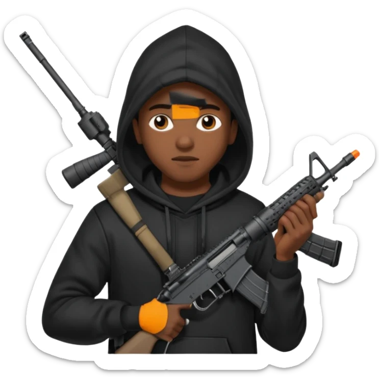
Fais moi un jeune afro américain qui ressemble a un gangster qui tient une AR15 avec un hoodie a capuche, capuché sticker