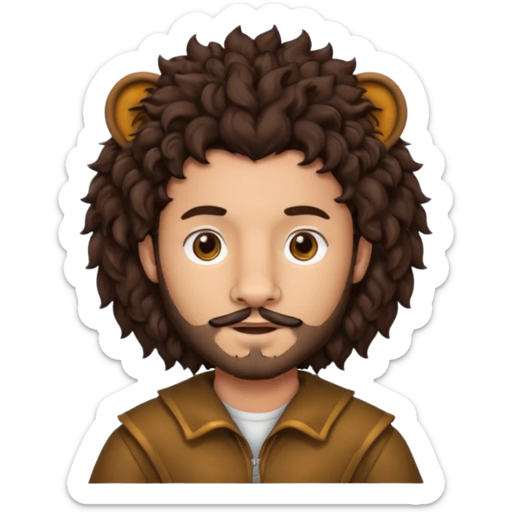 Make a guy with curly big dark browns hair and medium skin then give him lion ears and a little facial hair sticker