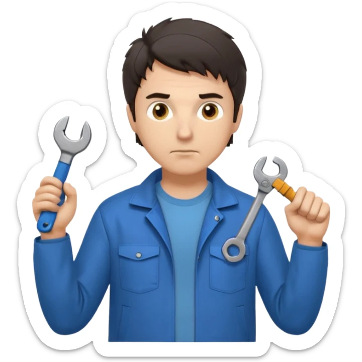 Calm and independent male technician, Caucasian features, short tousled dark hair, serious but composed expression, wearing a blue work jacket over a grey t-shirt, holding a wrench in one hand and a mechanical gear in the other, waist-up, front-facing sticker