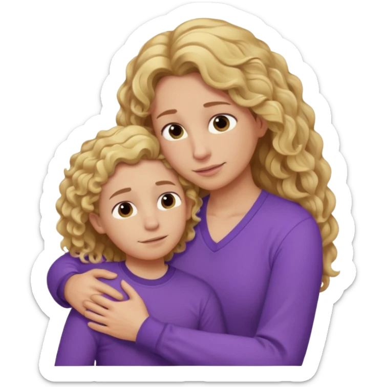 a mother with blond curly long wearing purple hugging his son with brown hair and like saying its okay sticker