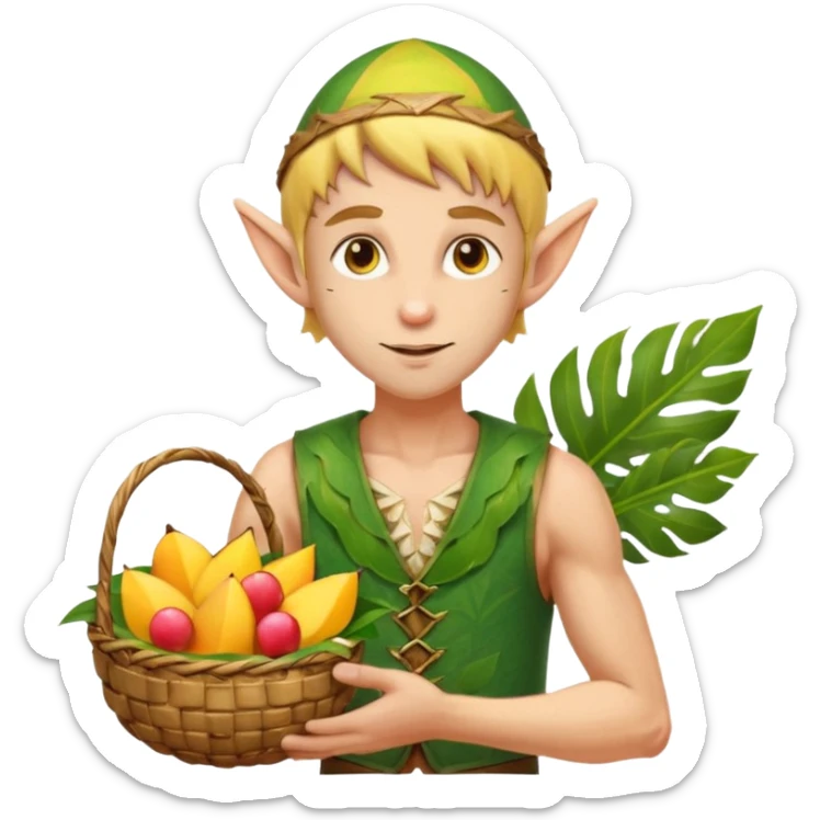 elf male Sleeveless vest with palm-leaf print, basket of exotic fruits (mango/lychee), sunburned nose. sticker
