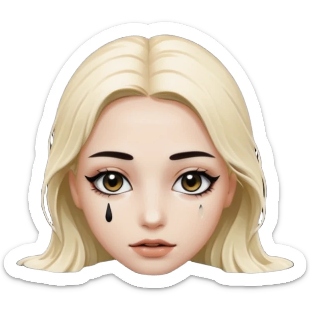 Woman submerged in black water, wet skin and eyes above surface, silent invitation sticker