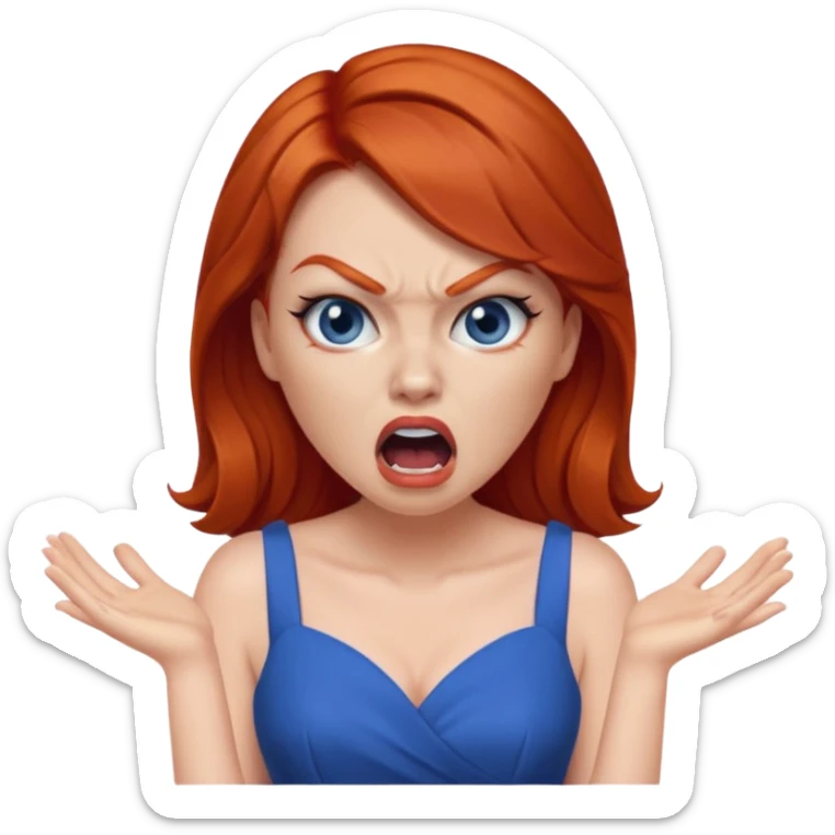 mujer pelirroja con los ojos y los labios maquillados enojada gritando con vestido azul sticker