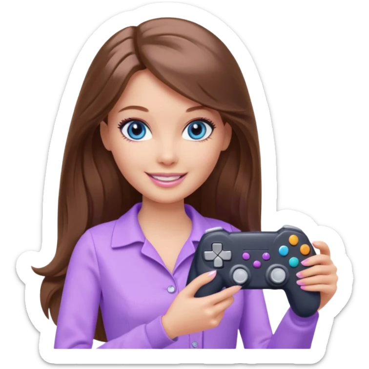 beautiful barbie girl with long brown hair, blue eyes and wearing light purple clothes playing console games with controller sticker