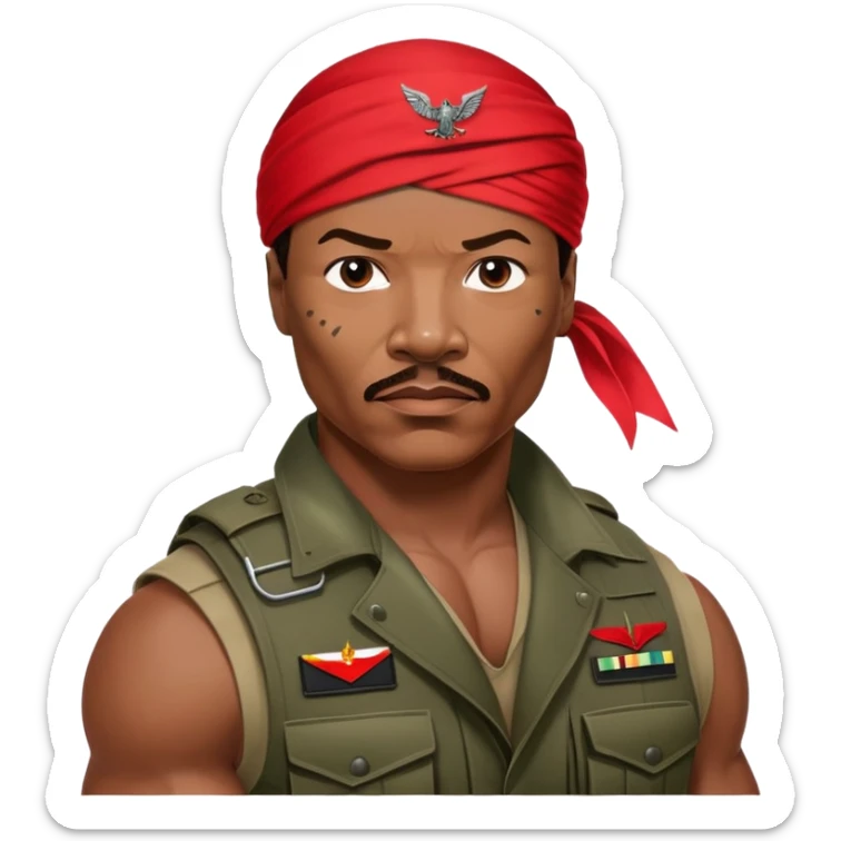 Carl Weathers as Dillon from Predator movie, muscular man in military gear with bandana sticker