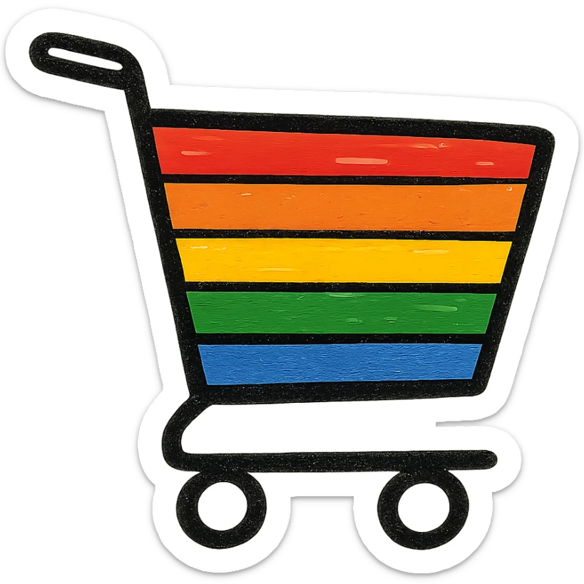 shopping cart in pride colors, minimalist black outline icon, no fill sticker