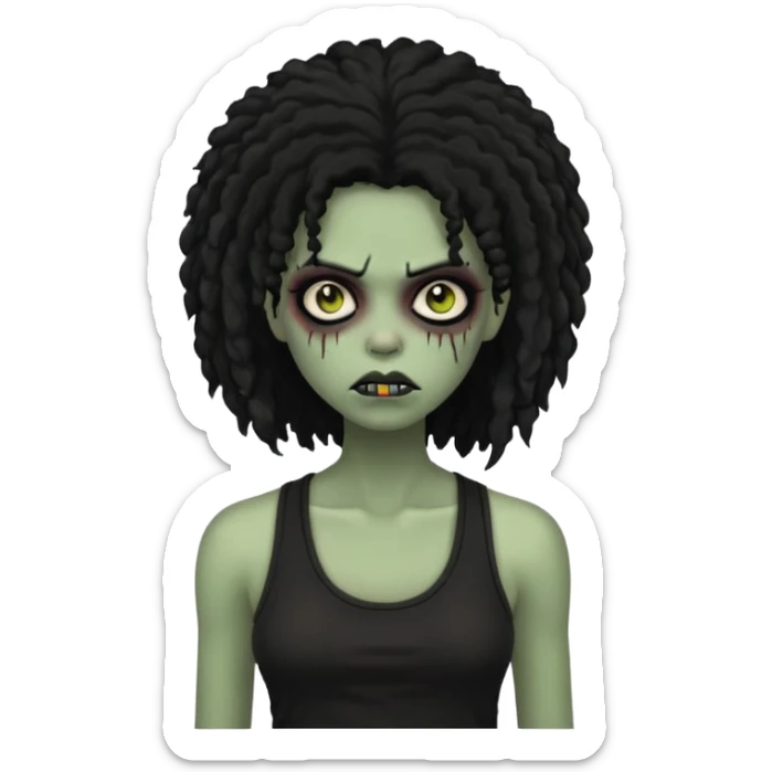 a female zombie with sage green skin, black long afro afro hair with edges, and a black tank top  sticker