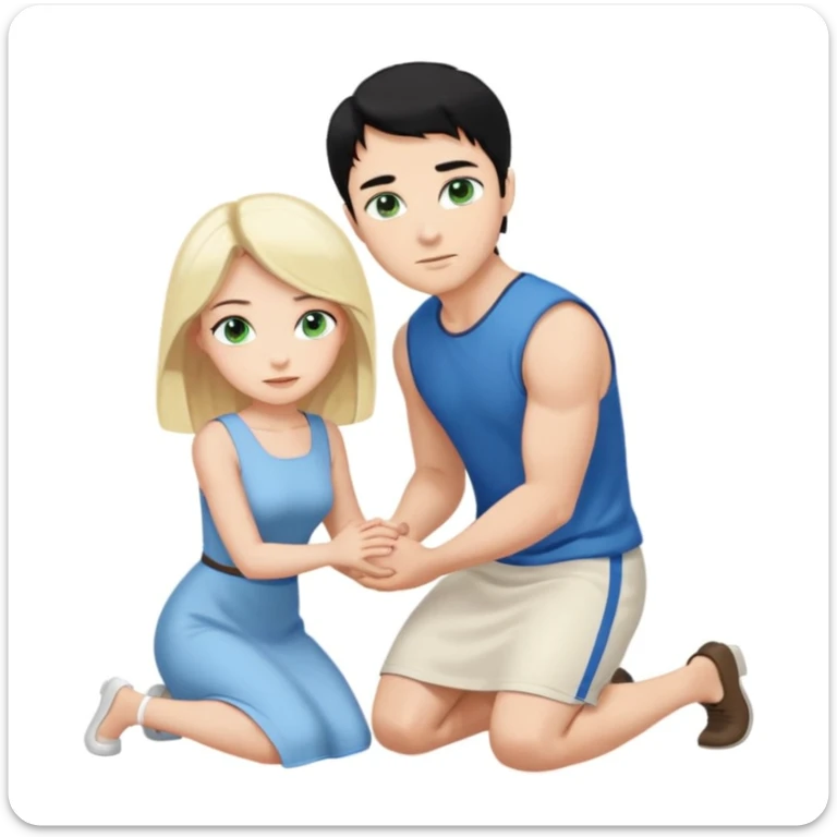Man as prince, upright, black Hair, blue eyes, woman, blonde, green eyes, shott white sleveless Dress, kneeling, background palace sticker