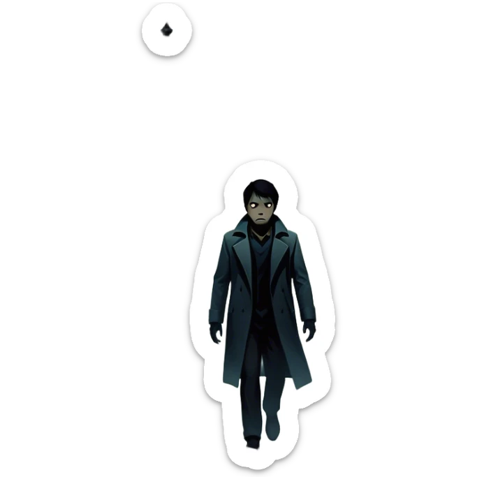 Icon for Thriller Movie: A dramatic movie poster-style design with dark, moody lighting. Include a shadowy figure, eerie silhouettes, and tense elements like a flickering street lamp, a lone figure walking through fog, and a tense cityscape. Intense, suspenseful atmosphere. Transparent background. sticker