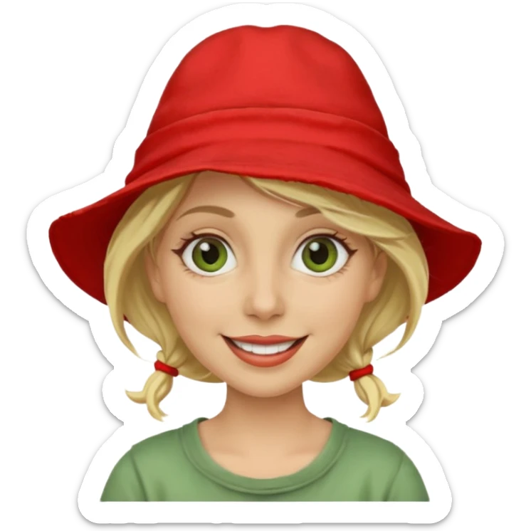 messy green clay mask and red tourist hat blond braided woman big eyes smiling and clay mask on face sticker
