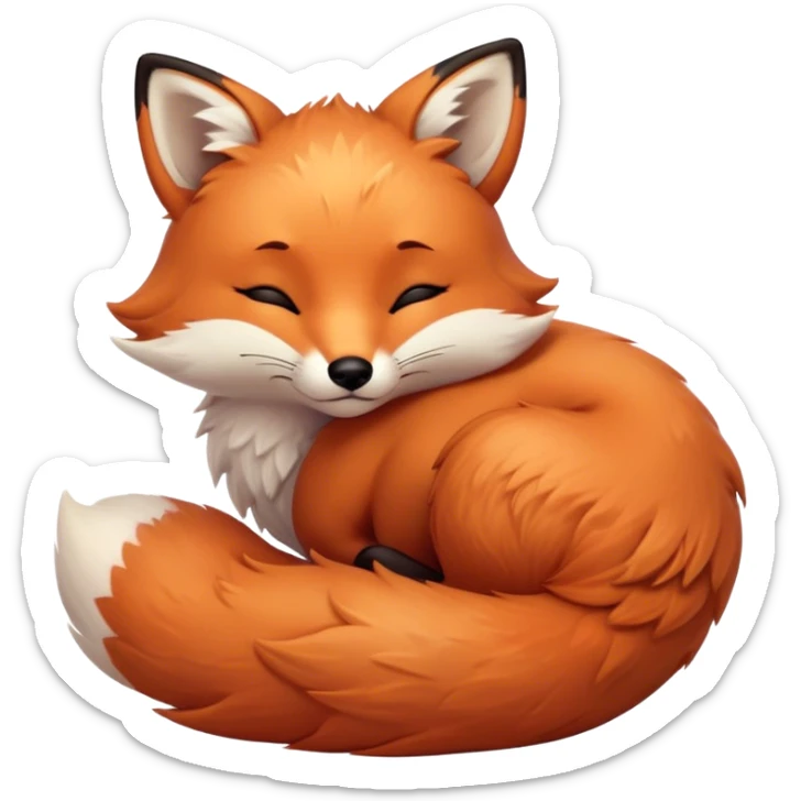 Cinematic cute sleepy fox, curled into a cozy fluffy ball, warm glowing fur, tiny black nose resting on its tail, soft breathing visible, peaceful and charming. sticker