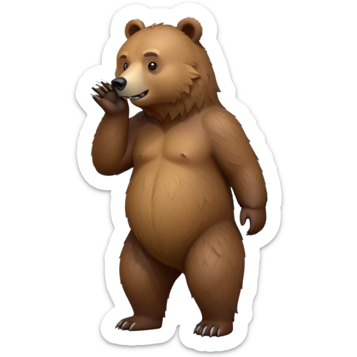 cinematic-[grizzly bear]-realistic-full-body-standing-emoji,-tail-tucked-close,-head-tilted-dramatically,-thick-[brown]-fur,-simplified-yet-realistic-focused-features,-highly-detailed,-glowing-with-an-almost-sarcastic-glow sticker