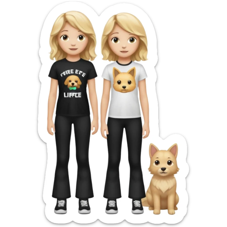 10 year old girl wearing flares black leggings and and a t-shirt that says " Free pets for lifee 💓" and her hair is blonde Wavy sticker