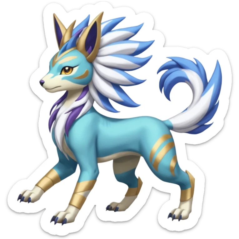 Colorful Skilled Adept Graceful Asian Painted WereGarurumon-Suicune-Linoone-Meloetta-Renamon-fusion-hybrid-creature (full body) sticker