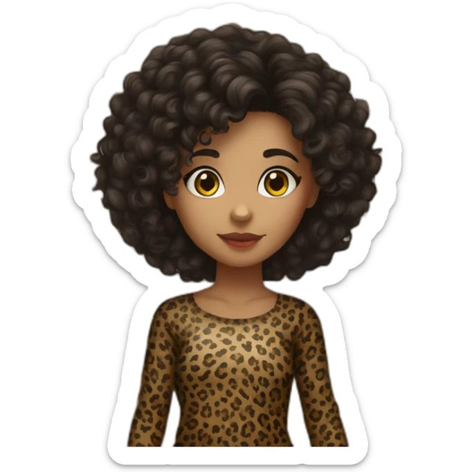 European dark curly hair girl in leopard leggings sticker