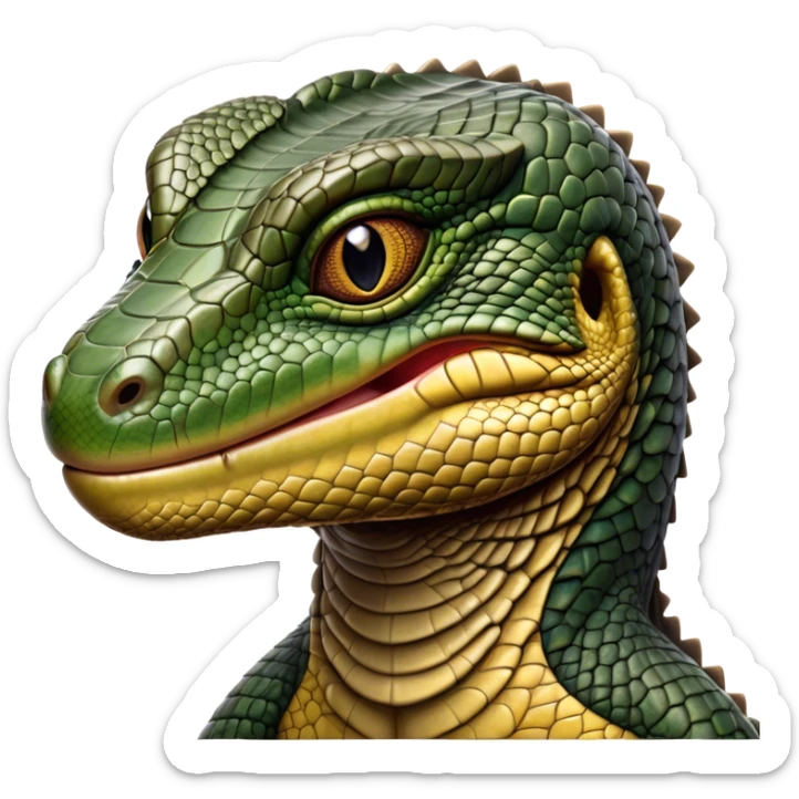 Cinematic Realistic Noble Monitor Lizard Portrait Emoji, Poised and imposing, with a robust, muscular build and a rugged, intricately scaled hide in natural olive and dark brown tones, a sharply defined head with intense, observant eyes, rendered with lifelike detail and authentic texture, high shine, intelligent and formidable, styled with an air of desert authority, focused and attentive, soft glowing outline, capturing the essence of a watchful and confident monitor lizard that appears ready to stride out of the screen with effortless power! sticker