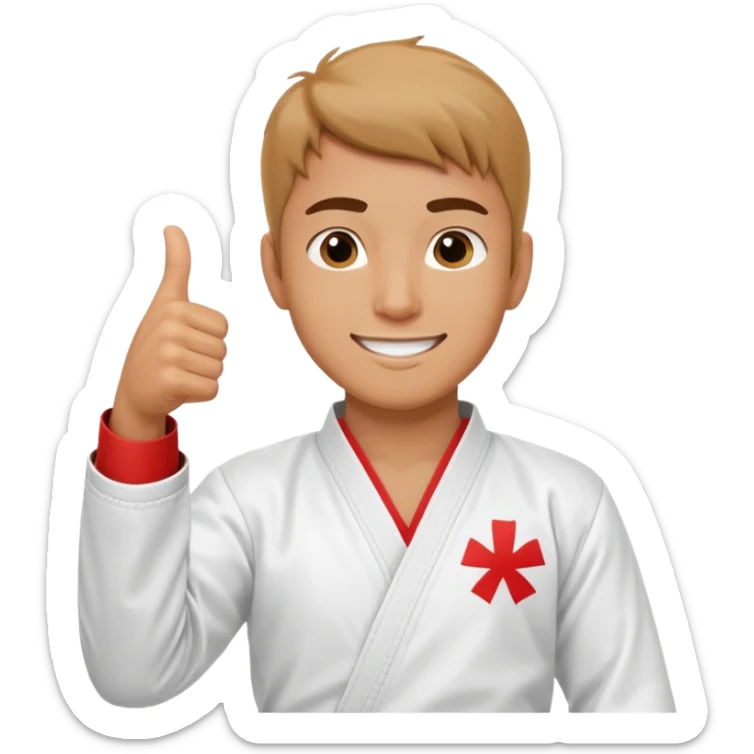 Crea un personaje masculino con el uniforme de taekwondo que tenga efecto dibujito y esté realizando este gesto con la mano👍🏼, debe estar sonriente sticker