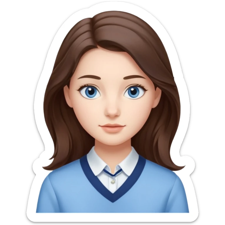 Realistic Student Portrait, with porcelain-like skin featuring a natural rosy flush, iHer Brunette Half-Up Style for Straight  hair flows in soft, Her deep blue eyes radiate warmth and innocence,  wear light blue preppy style. sticker