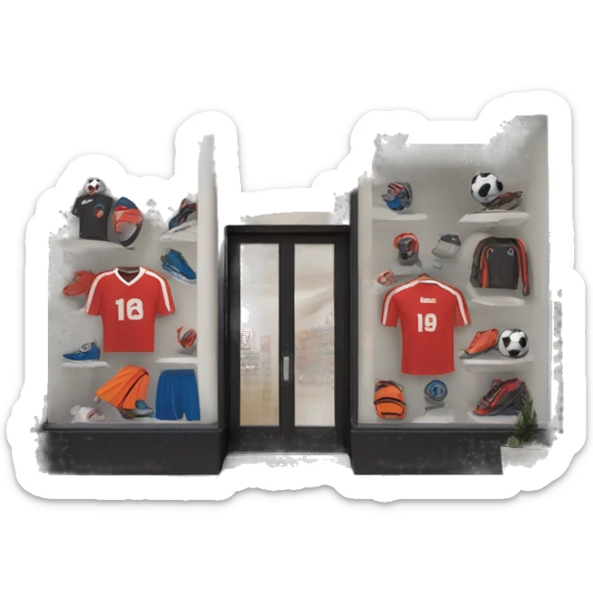 “Soccer store exterior with bold signage, large windows showcasing football gear, jerseys, and accessories, and a dynamic, athletic design reflecting the energy of the sport.” sticker