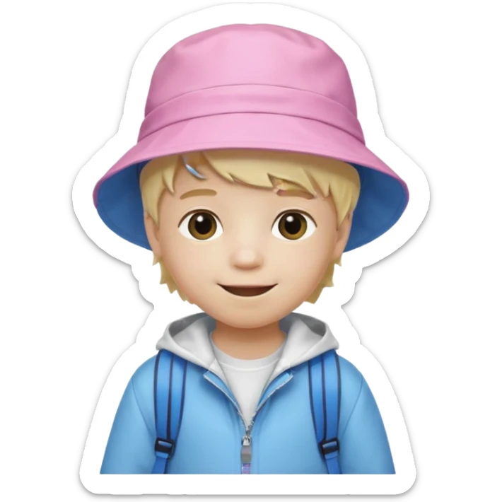 A little boy student white skin, blonde hair, with pink bucket hat, white jacket, blue backpack sticker