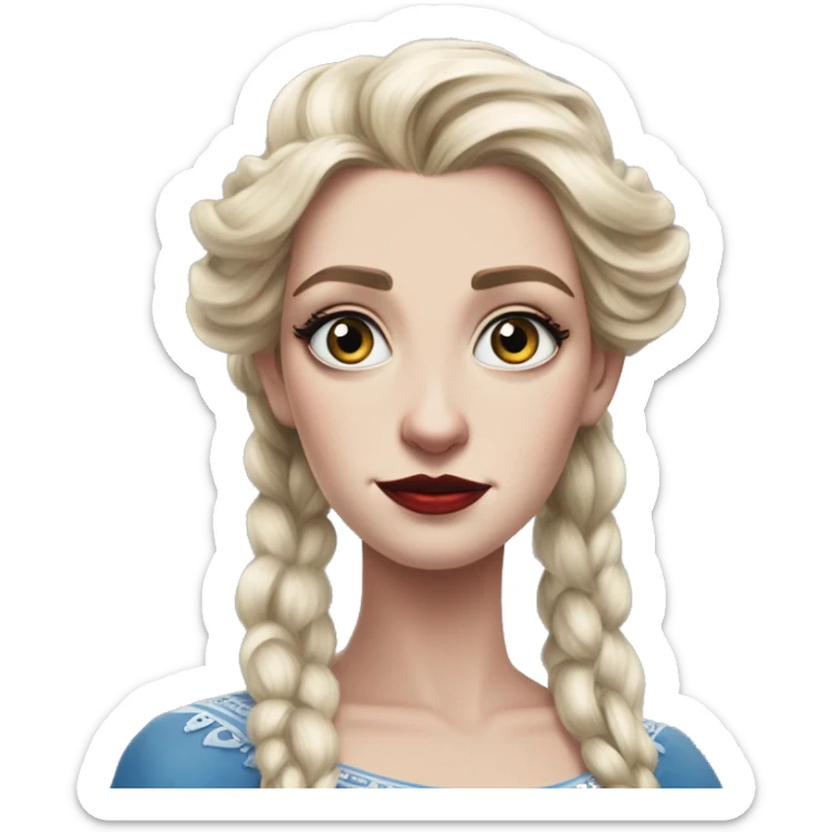 US president Elsa in Warcraft style, oil paint, mysterious eyes, intricate lips, masterpiece pose, odd perspective, beautiful, desirable, logical, midsommar, ikea sticker