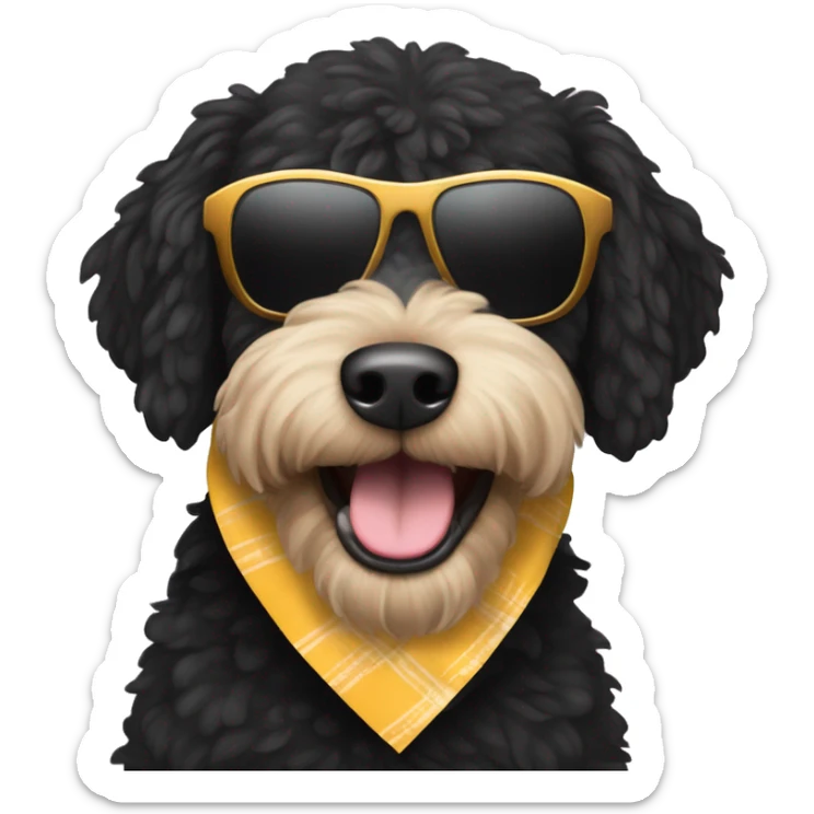 A black dog breed “golden doodle” wearing sunglasses with a big smile with human like teeth. Also with a bandanna around its neck that says mums favourite  sticker