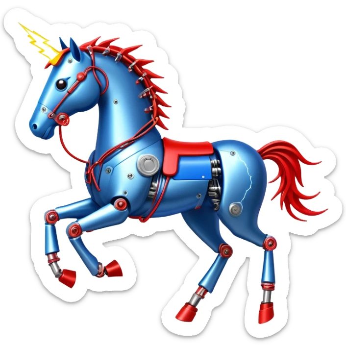 Fast running electric horse made of electricity, metal plates, bolts, blue and red wires, with lightning emanating from its body sticker