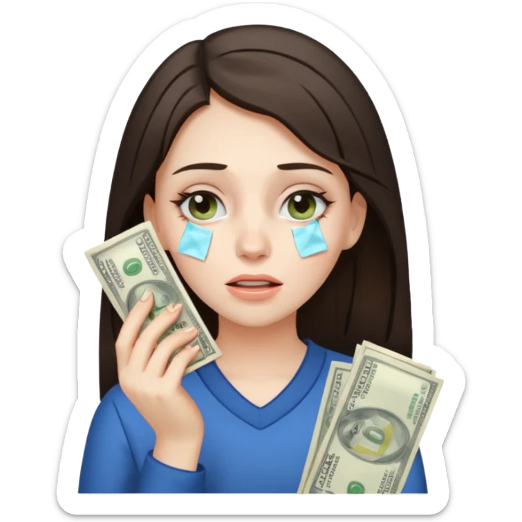 brunette girl drying her tears with money bills holding cash to her face sticker